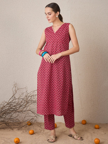 Maroon Printed Straight Kurta Trousers Set