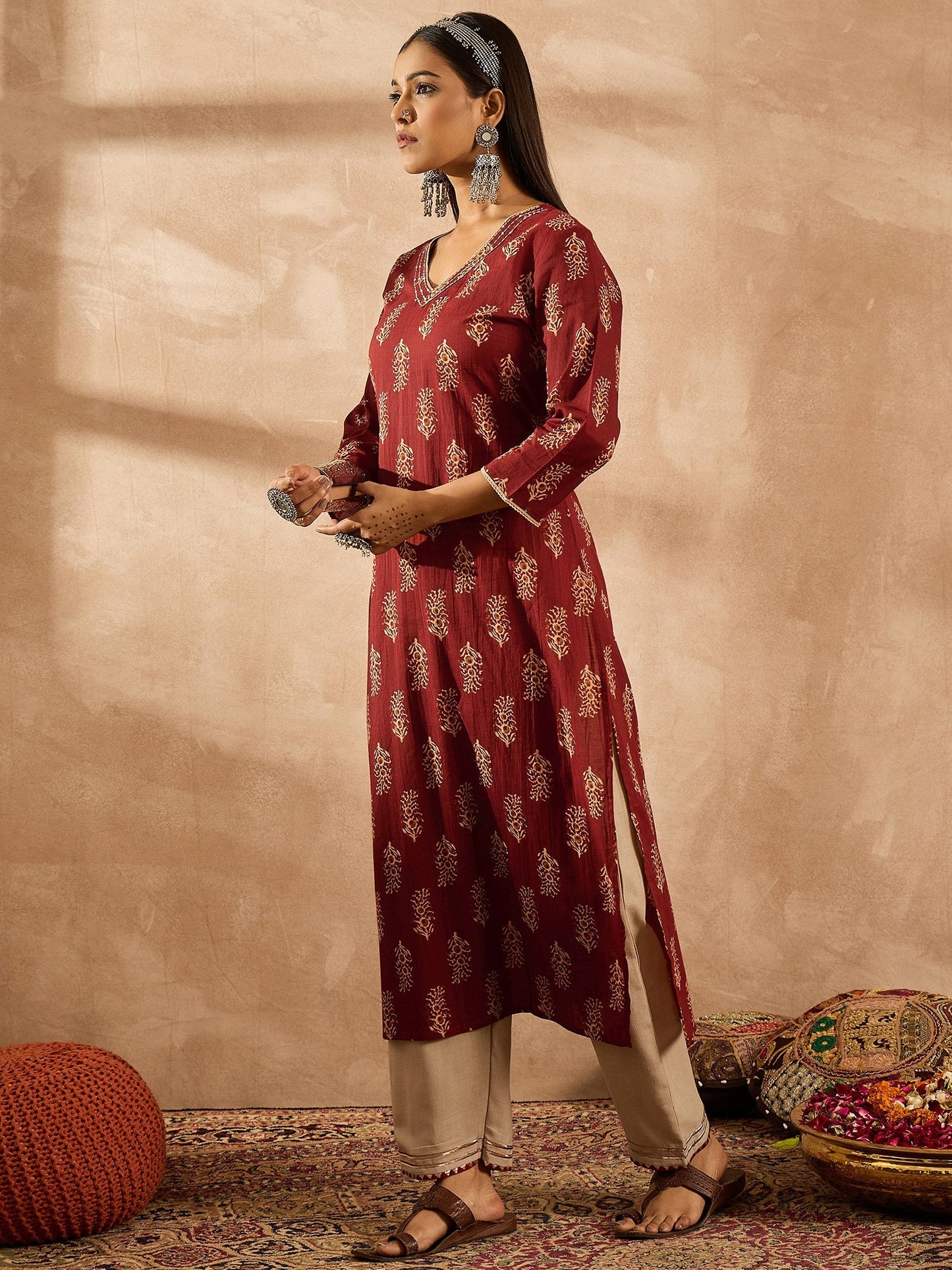 Maroon Printed Straight Kurtas