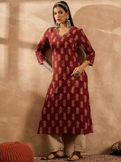 Maroon Printed Straight Kurtas