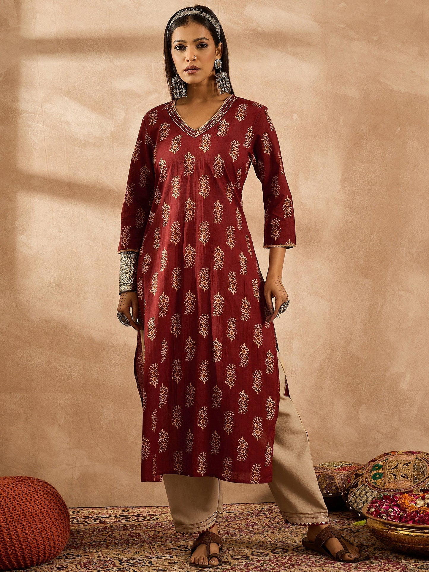 Maroon Printed Straight Kurtas