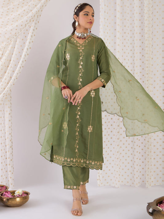 Green Embroidered Straight Kurta Trousers With Dupatta Set