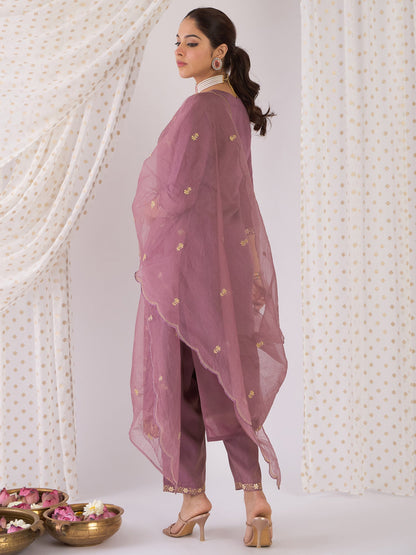 Lavender Embroidered Straight Kurta Trousers With Dupatta Set