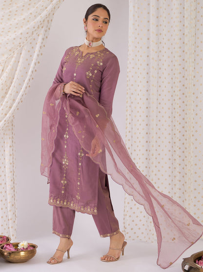 Lavender Embroidered Straight Kurta Trousers With Dupatta Set