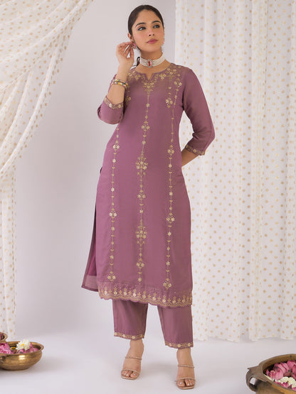 Lavender Embroidered Straight Kurta Trousers With Dupatta Set