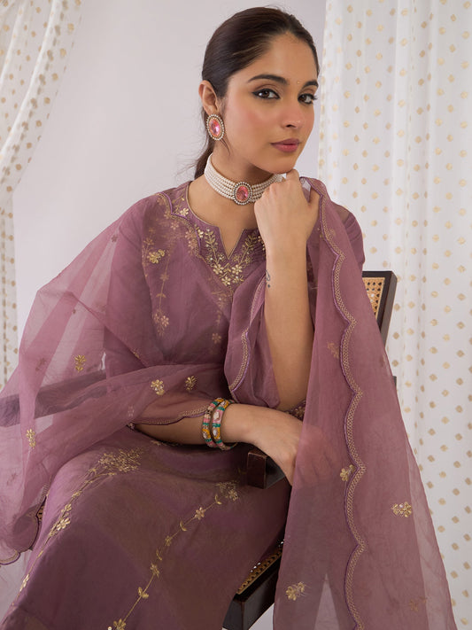 Lavender Embroidered Straight Kurta Trousers With Dupatta Set