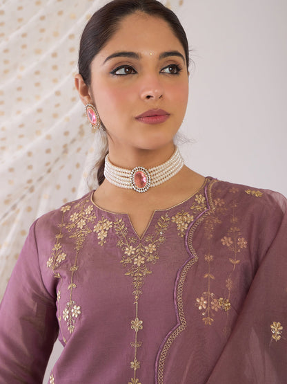 Lavender Embroidered Straight Kurta Trousers With Dupatta Set