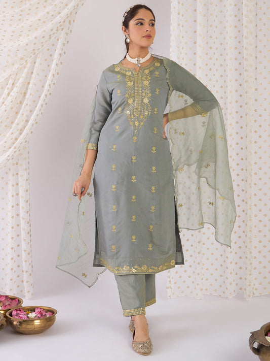 Blue Embroidered Straight Kurta Trousers With Dupatta Set