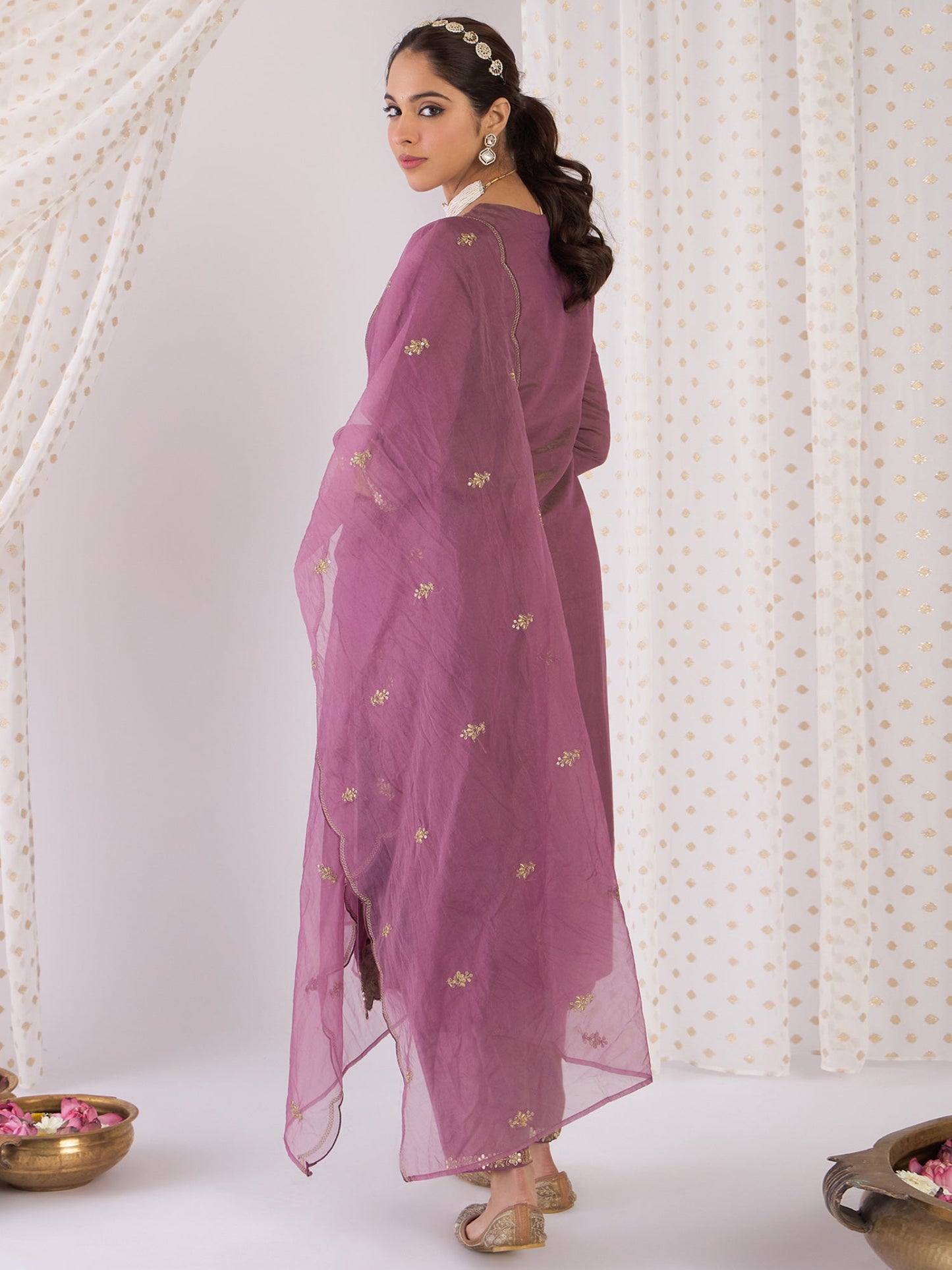Lavender Embroidered Straight Kurta Trousers With Dupatta Set