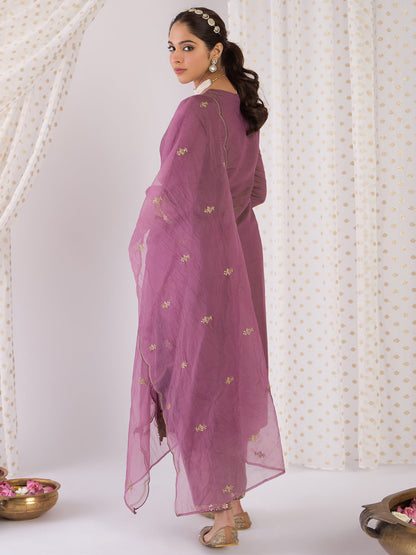 Lavender Embroidered Straight Kurta Trousers With Dupatta Set