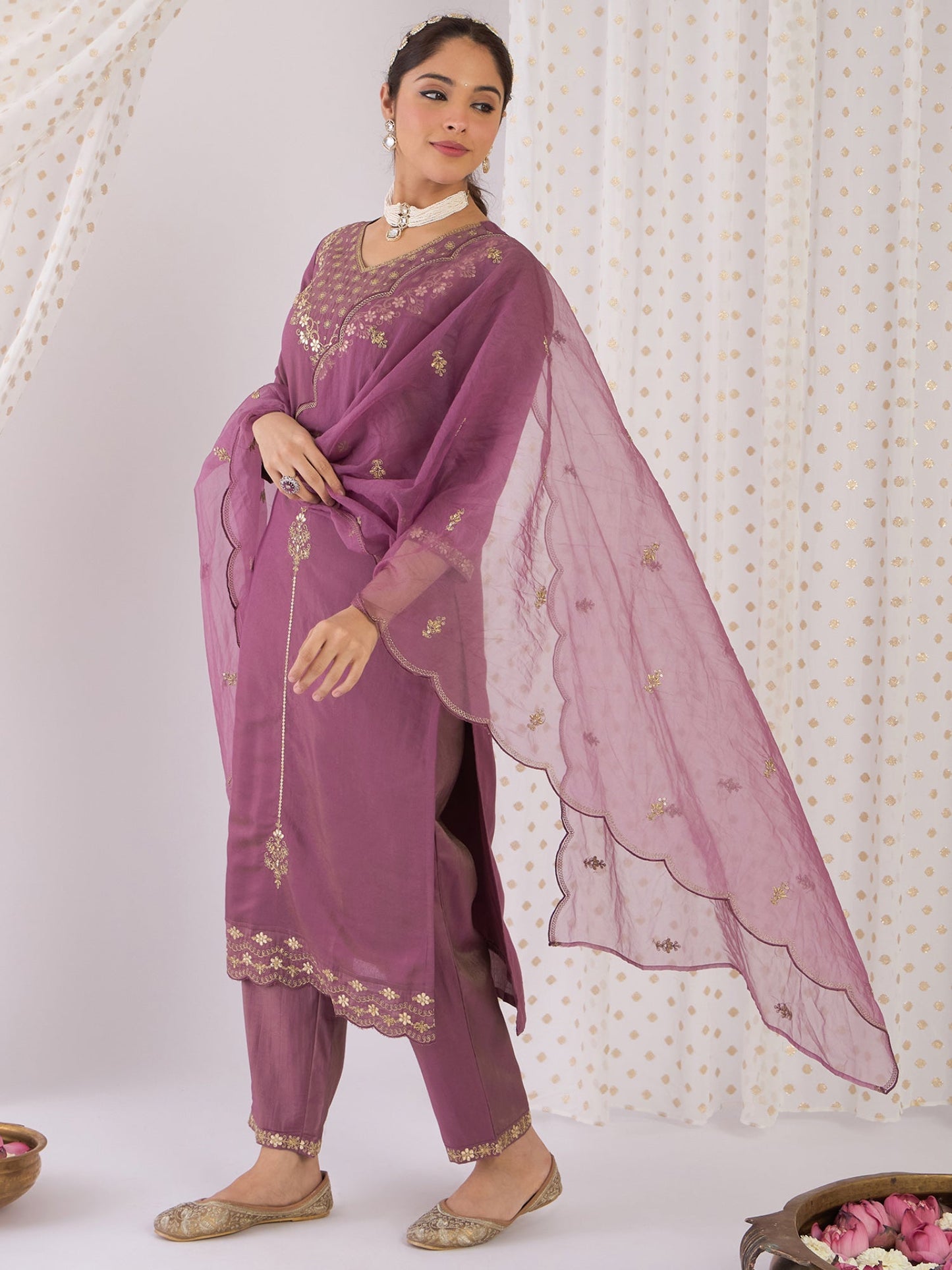 Lavender Embroidered Straight Kurta Trousers With Dupatta Set