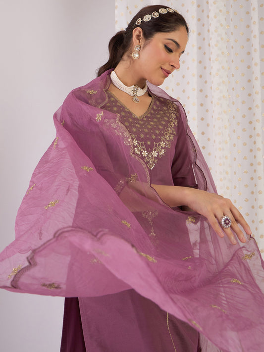 Lavender Embroidered Straight Kurta Trousers With Dupatta Set