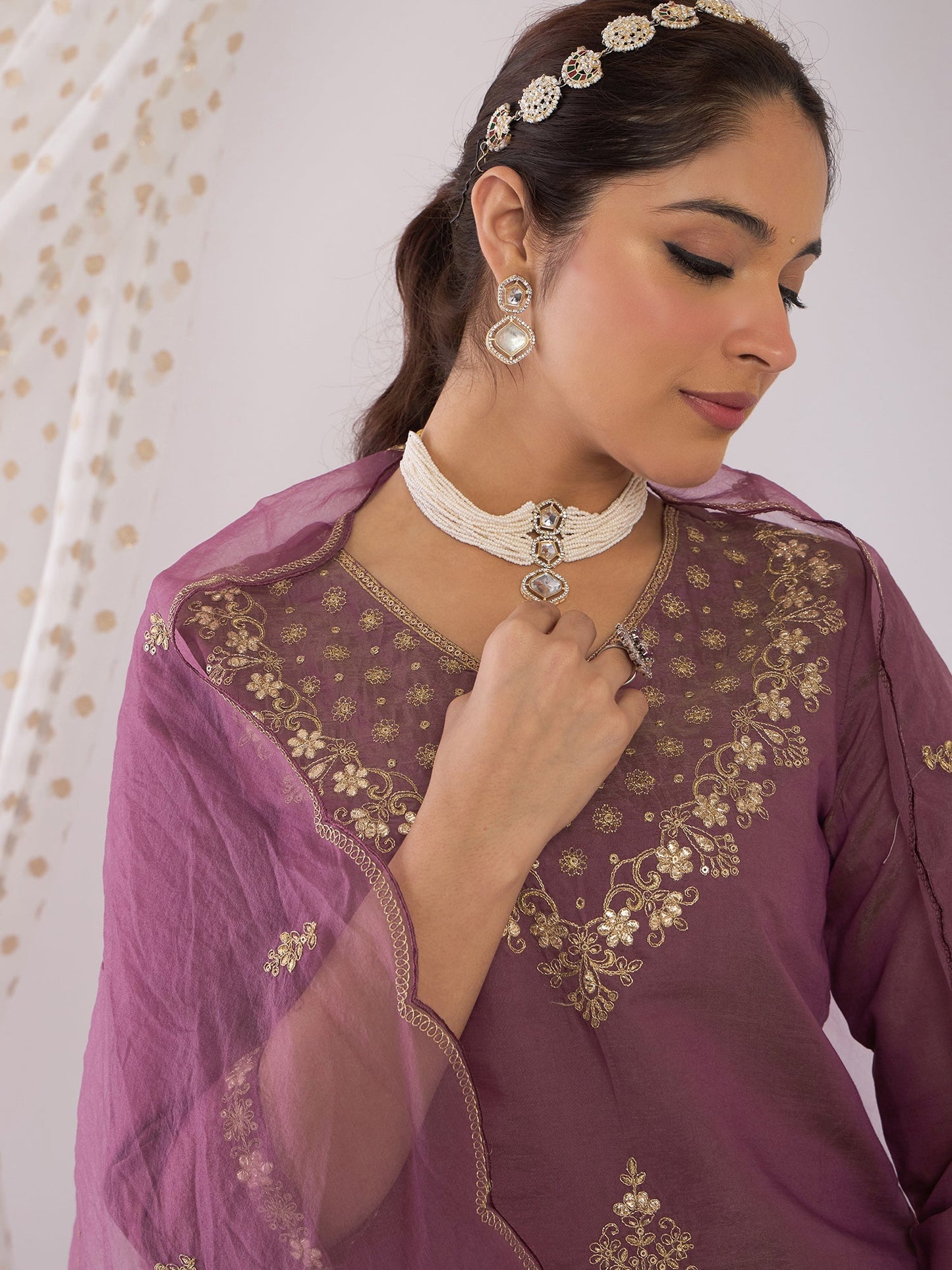 Lavender Embroidered Straight Kurta Trousers With Dupatta Set