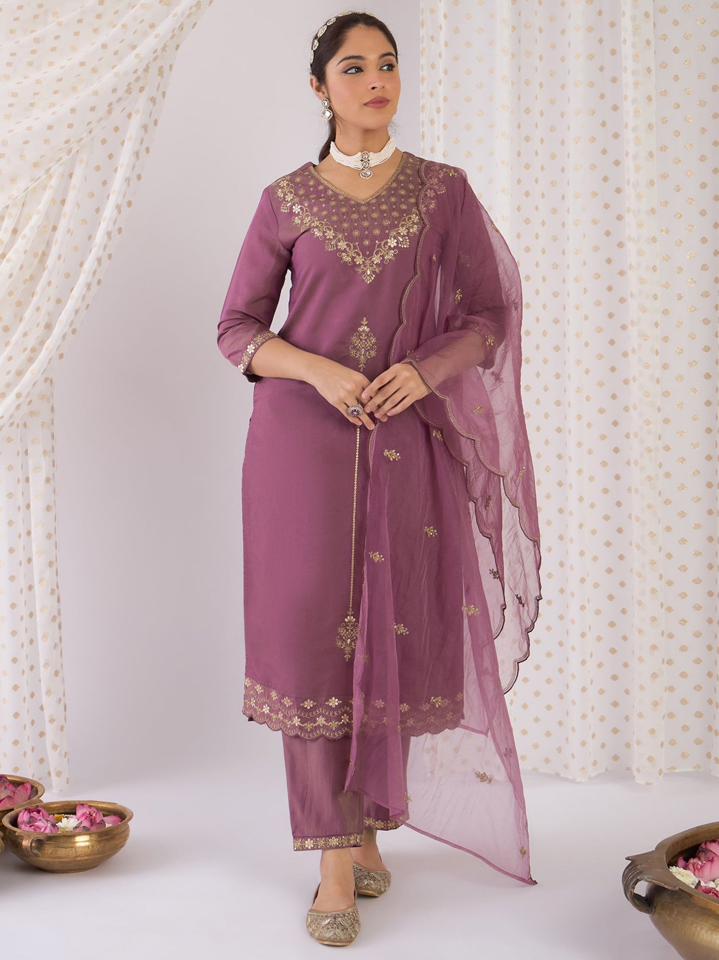 Lavender Embroidered Straight Kurta Trousers With Dupatta Set
