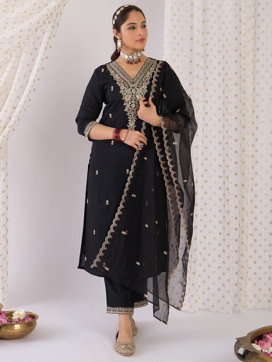 Black Embroidered Straight Kurta Trousers With Dupatta Set
