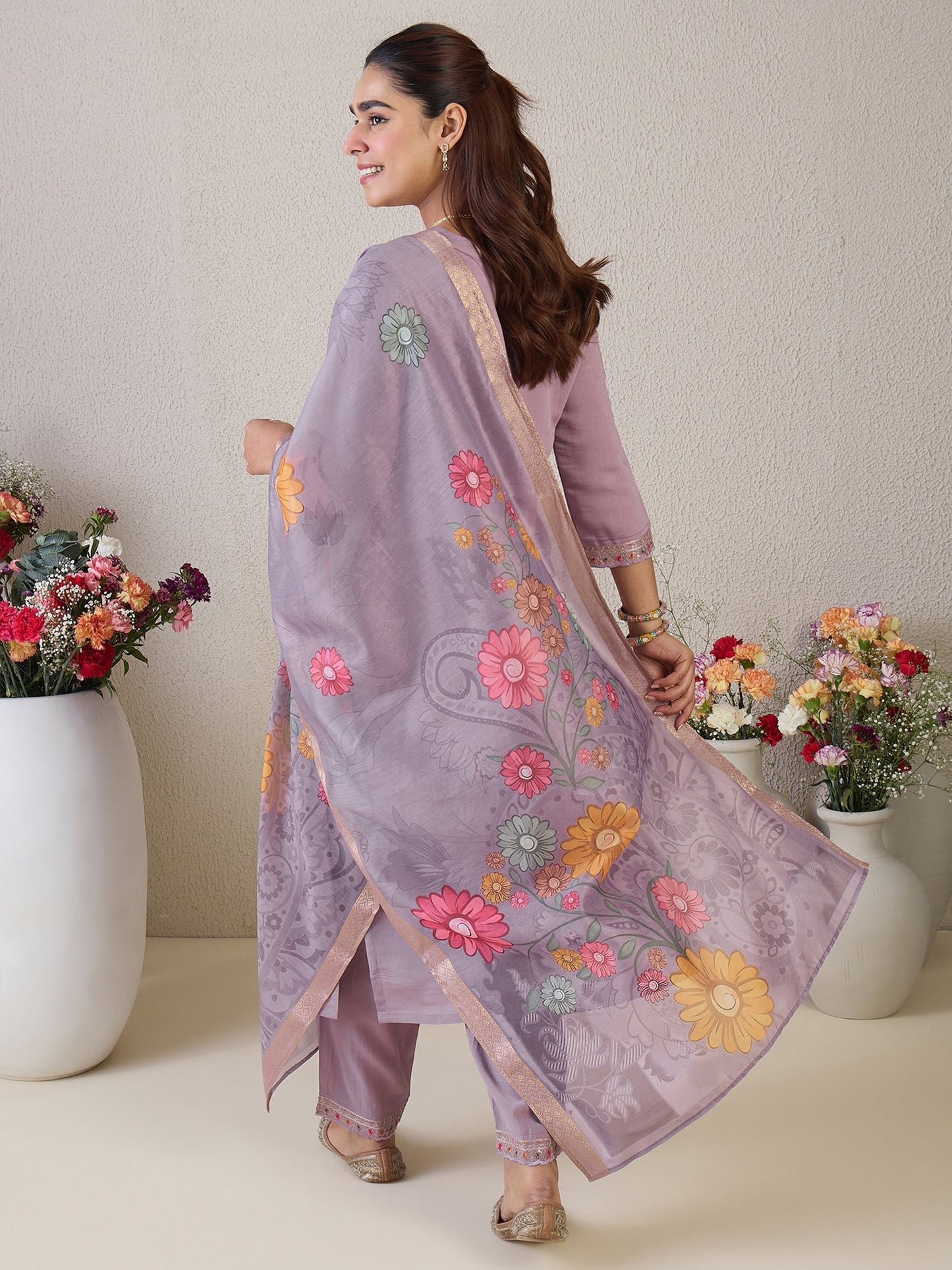 Lavender Embroidered Straight Kurta Trousers With Dupatta Set