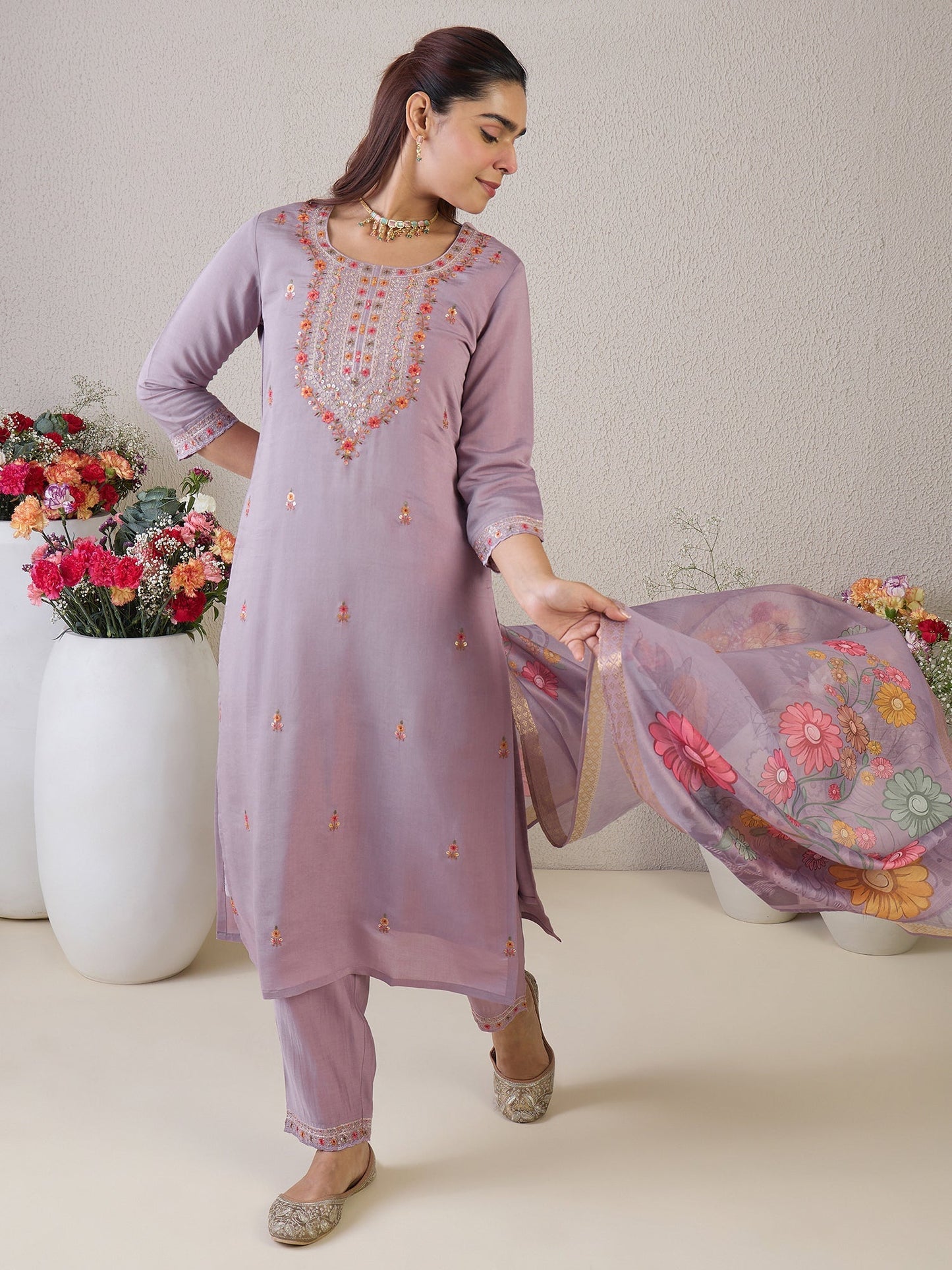 Lavender Embroidered Straight Kurta Trousers With Dupatta Set