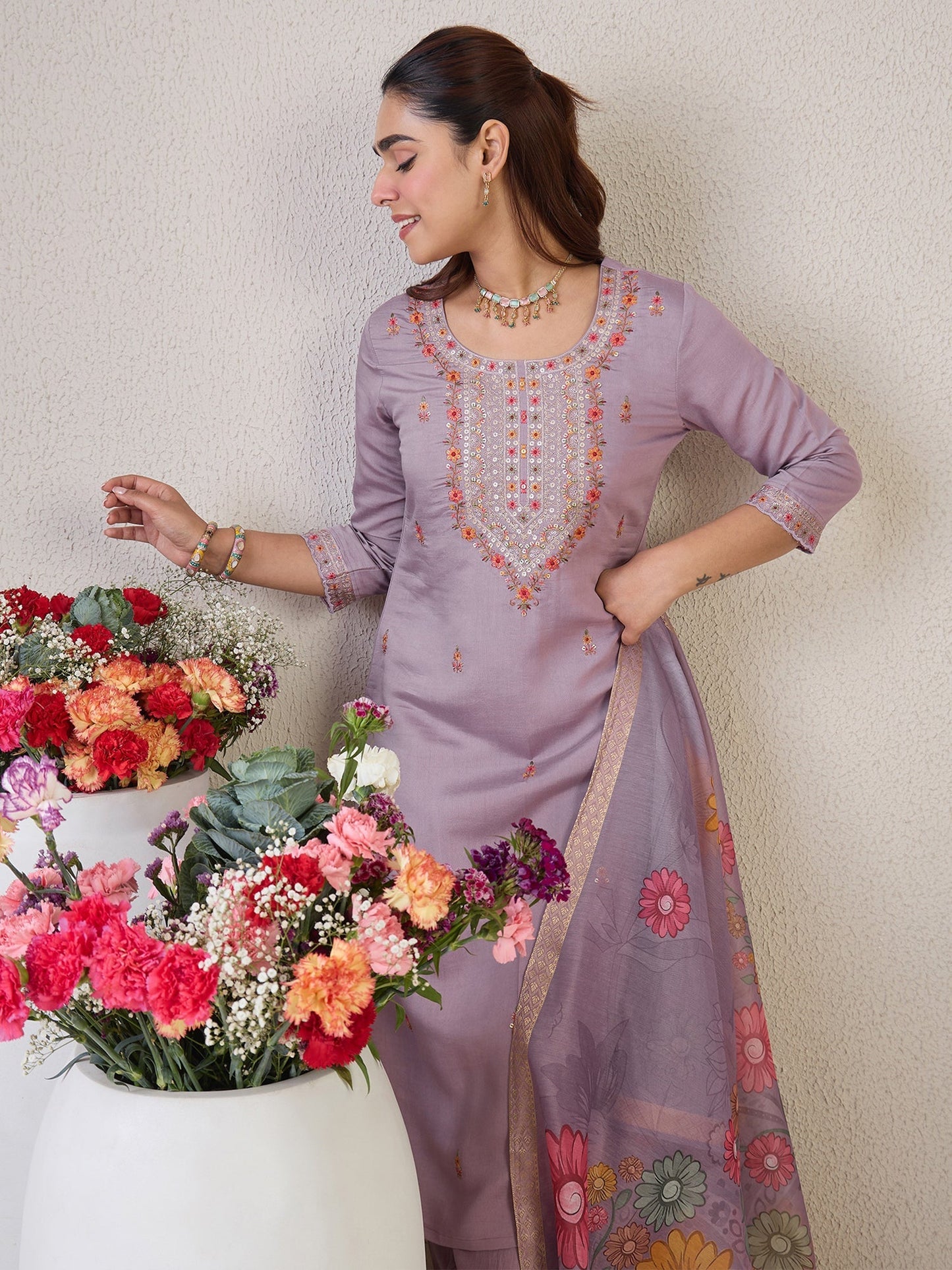 Lavender Embroidered Straight Kurta Trousers With Dupatta Set
