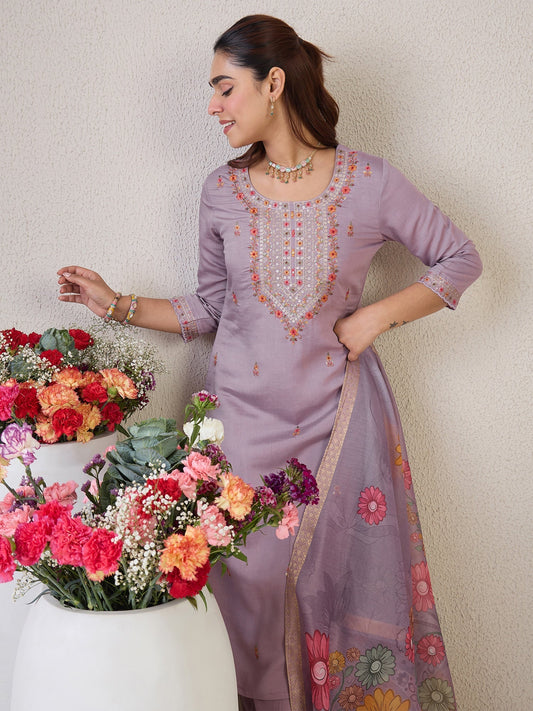 Lavender Embroidered Straight Kurta Trousers With Dupatta Set