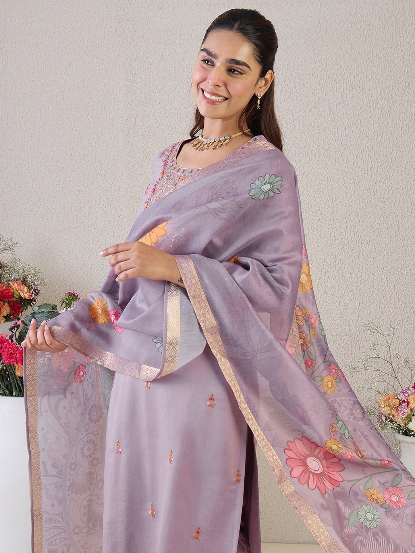 Lavender Embroidered Straight Kurta Trousers With Dupatta Set