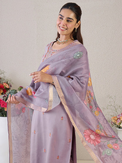 Lavender Embroidered Straight Kurta Trousers With Dupatta Set