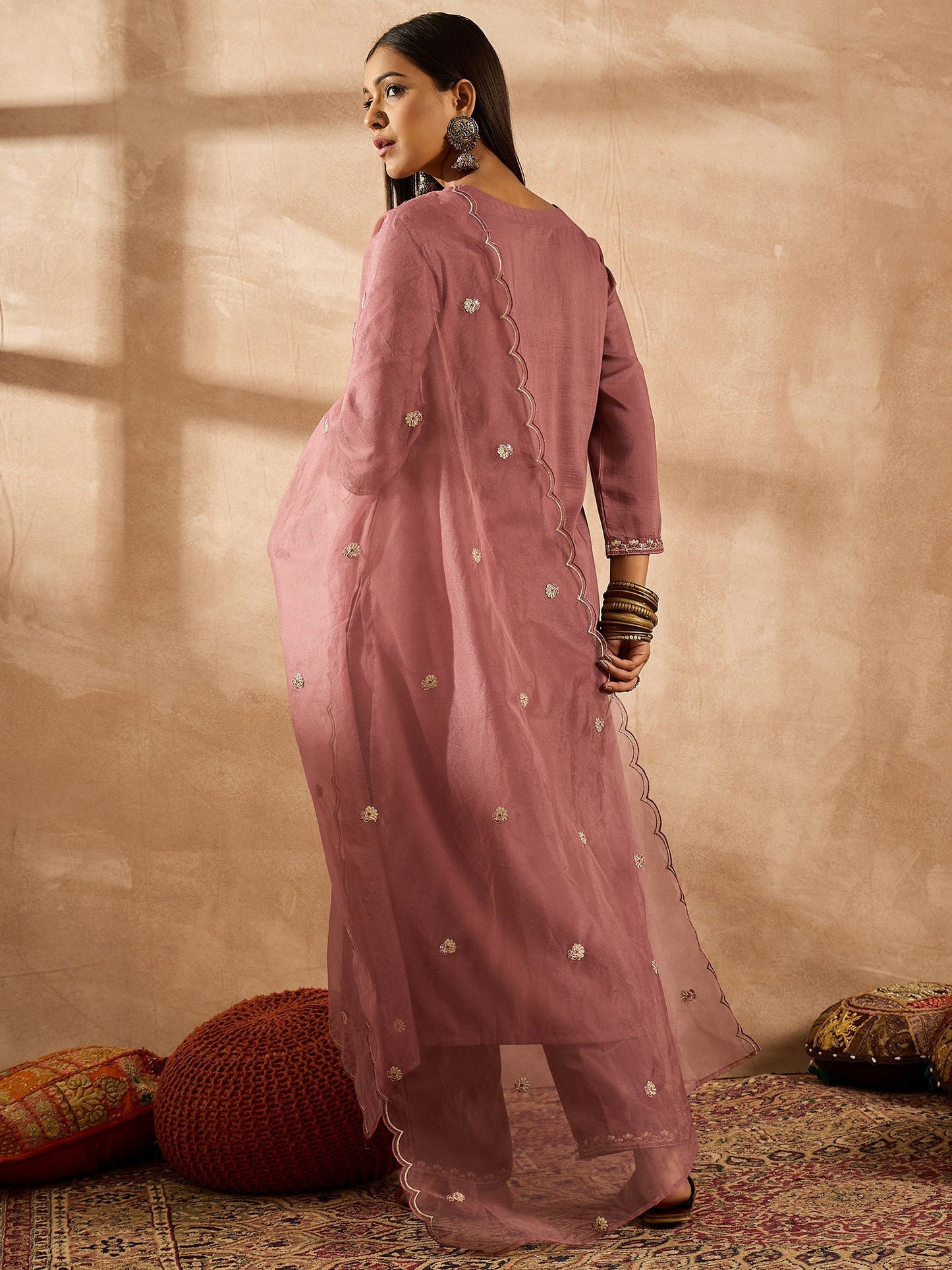 Mauve Embroidered Straight Kurta Trousers With Dupatta Set