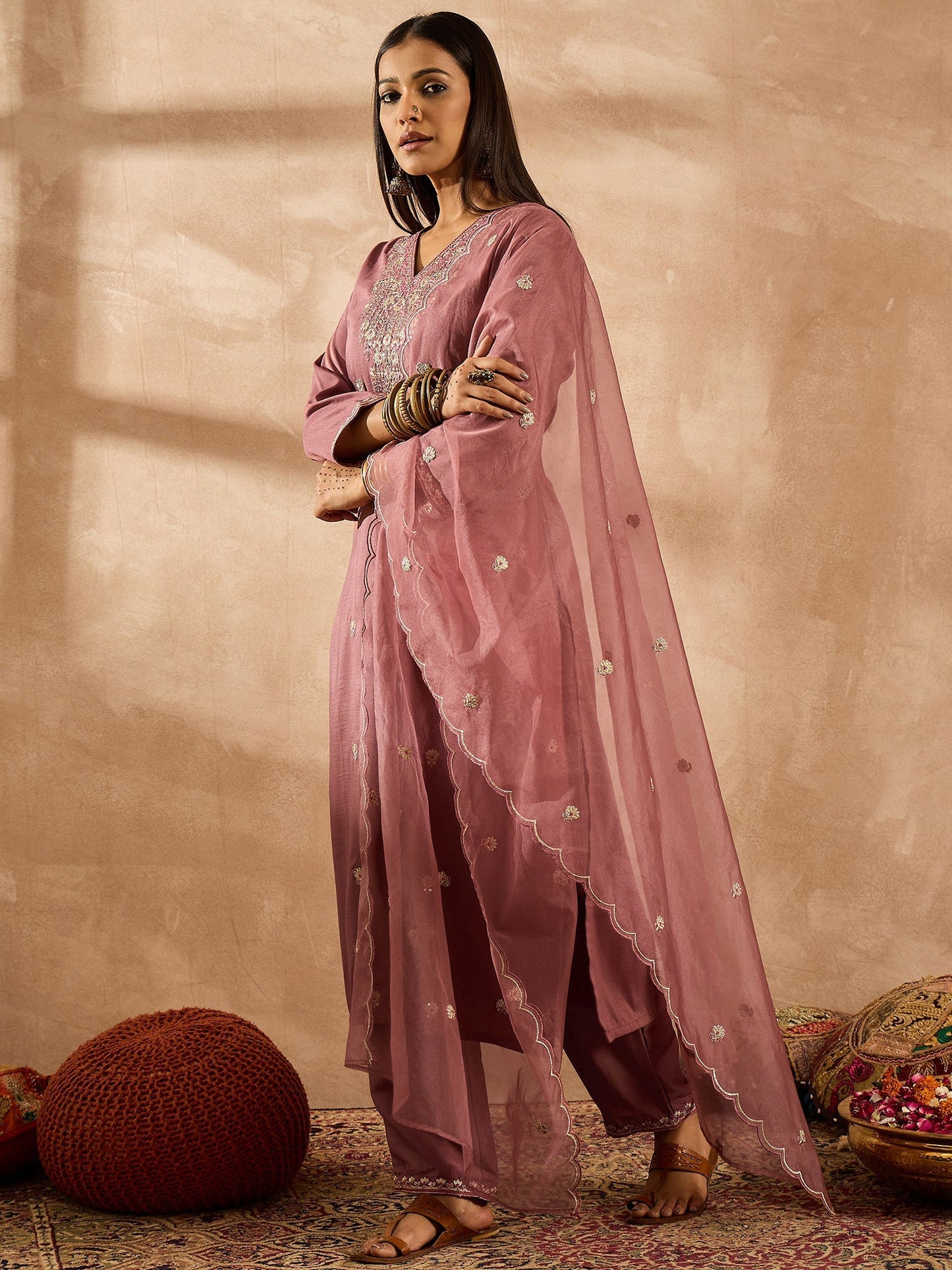 Mauve Embroidered Straight Kurta Trousers With Dupatta Set
