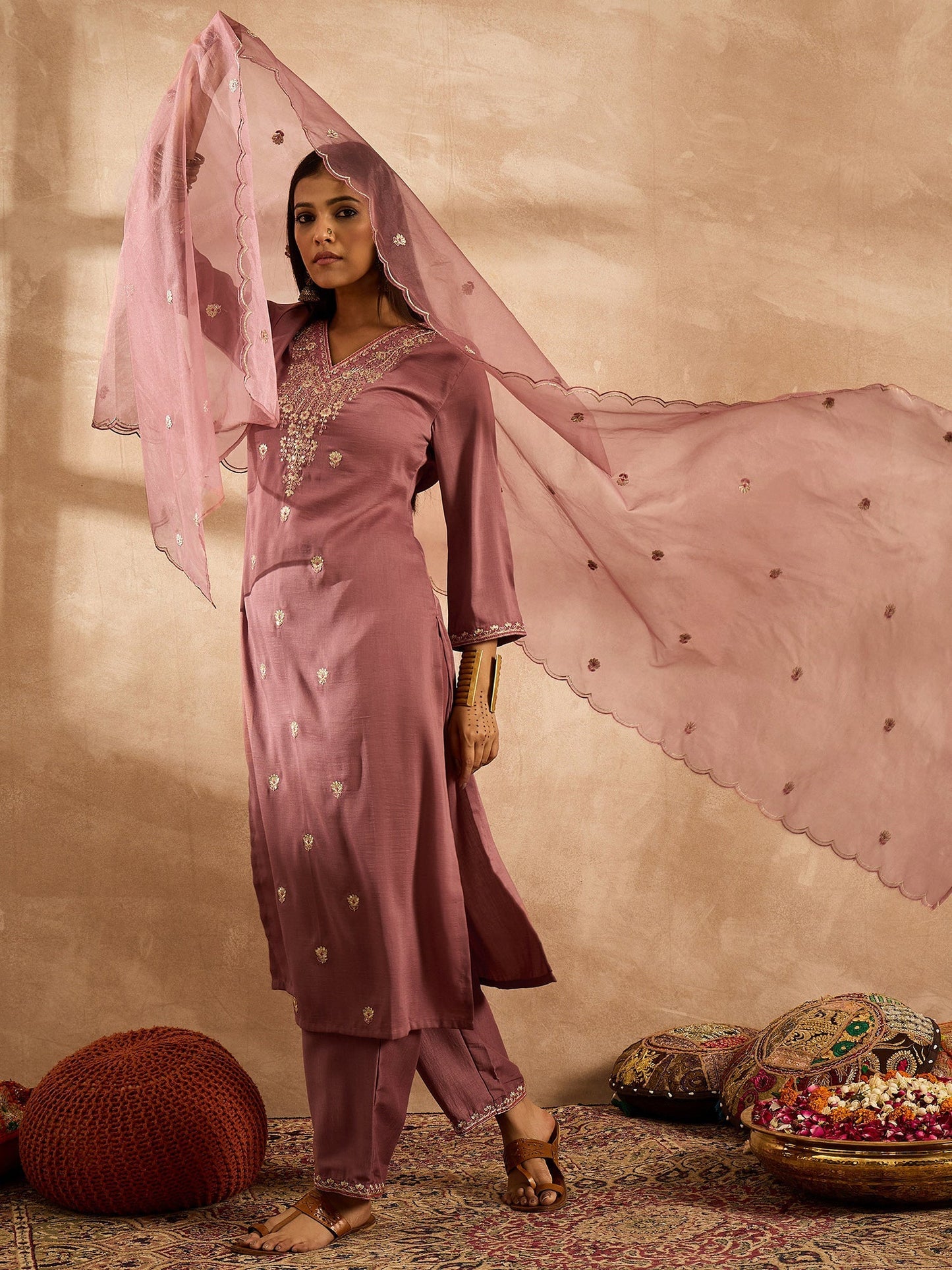 Mauve Embroidered Straight Kurta Trousers With Dupatta Set