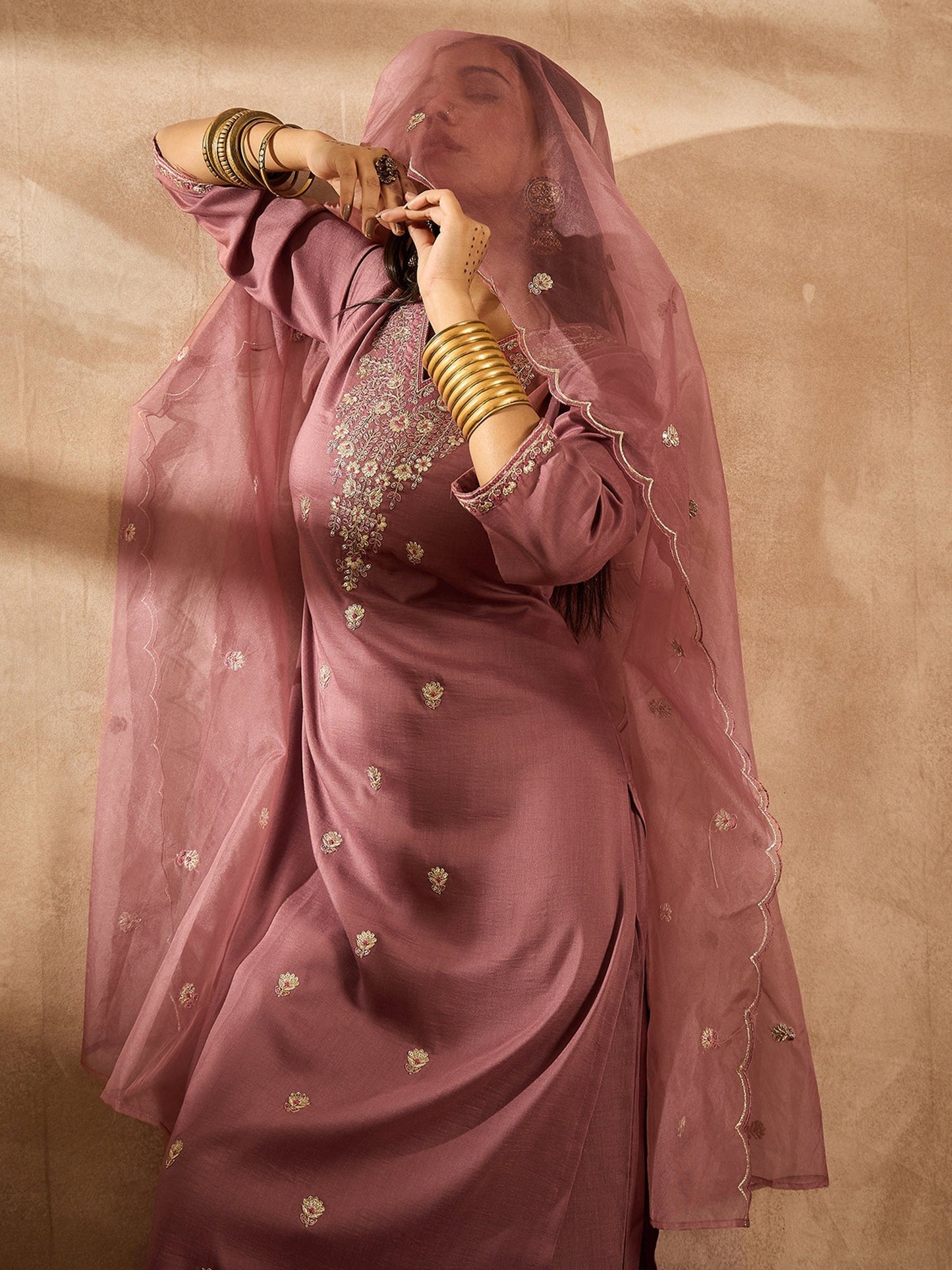 Mauve Embroidered Straight Kurta Trousers With Dupatta Set