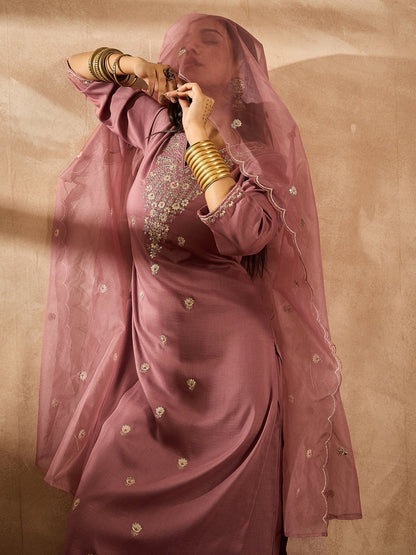 Mauve Embroidered Straight Kurta Trousers With Dupatta Set