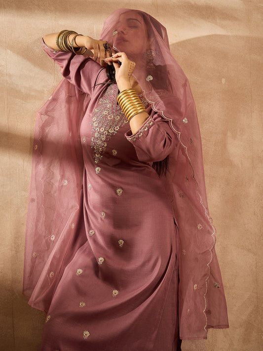 Mauve Embroidered Straight Kurta Trousers With Dupatta Set