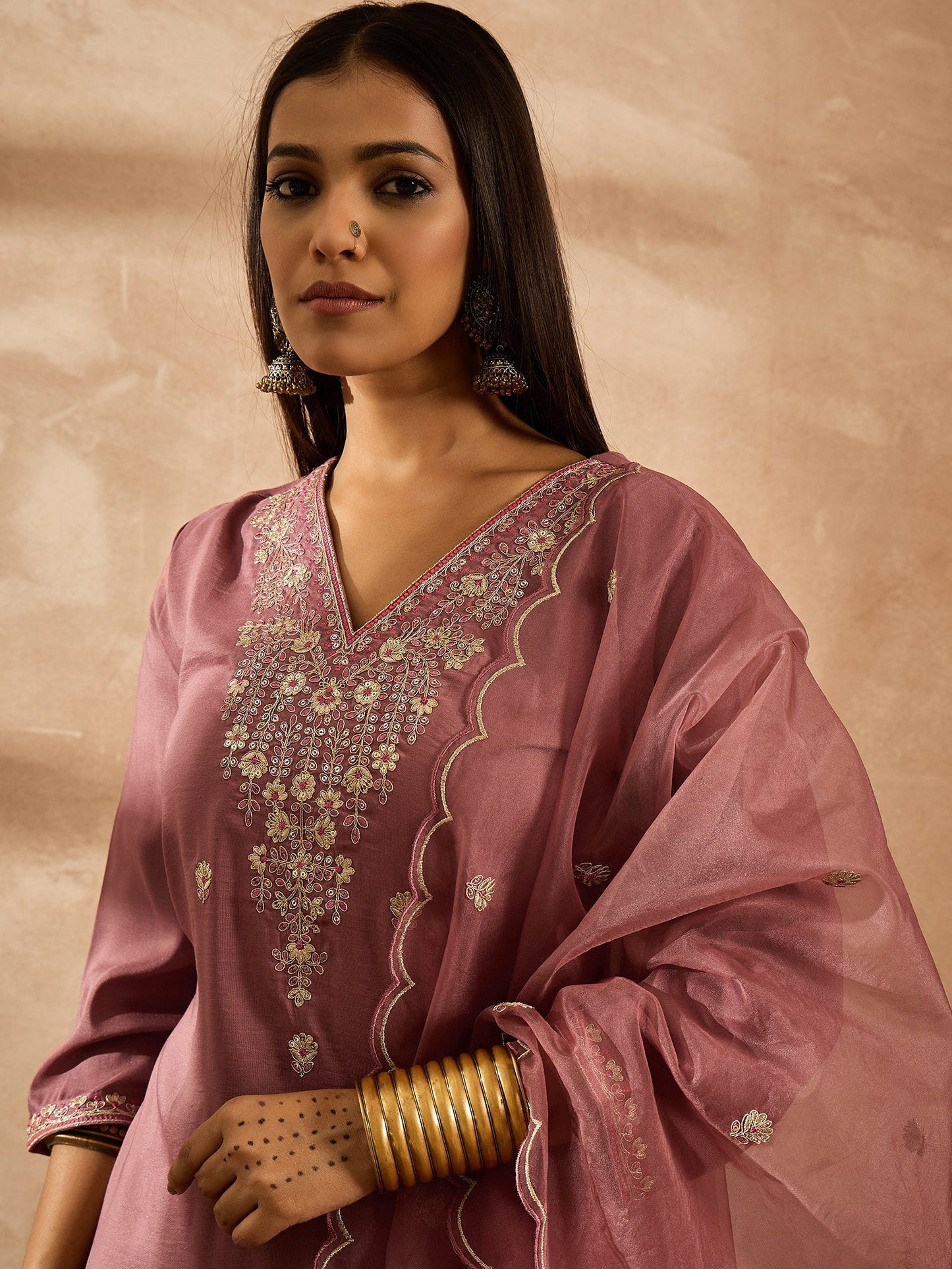 Mauve Embroidered Straight Kurta Trousers With Dupatta Set