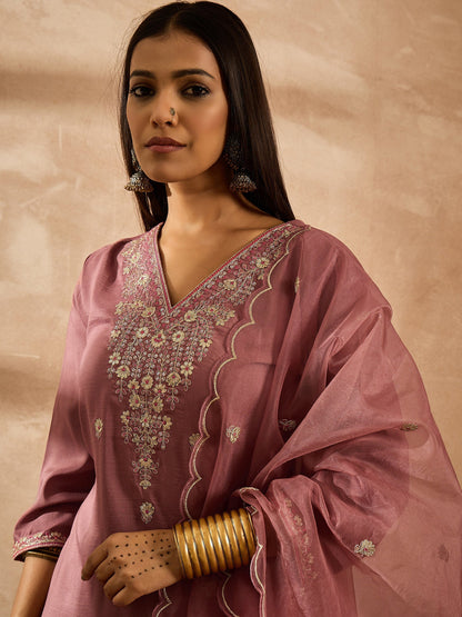 Mauve Embroidered Straight Kurta Trousers With Dupatta Set