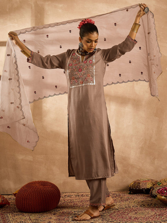 Brown Embroidered Straight Kurta Trousers With Dupatta Set