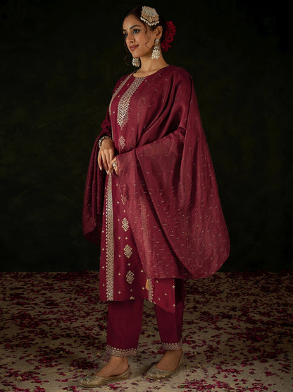 Maroon Embroidered Straight Kurta Trousers With Dupatta Set