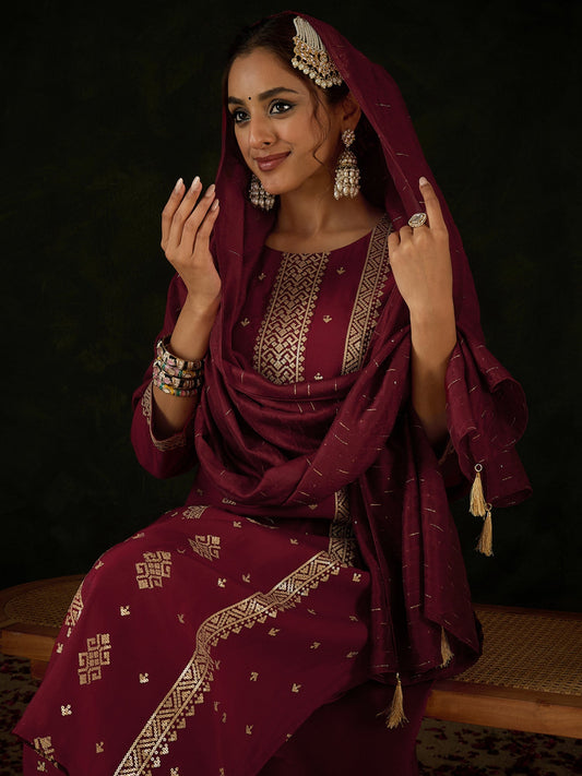 Maroon Embroidered Straight Kurta Trousers With Dupatta Set