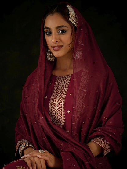 Maroon Embroidered Straight Kurta Trousers With Dupatta Set