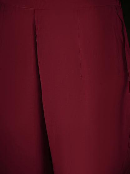 Maroon Embroidered Straight Kurta Trousers With Dupatta Set