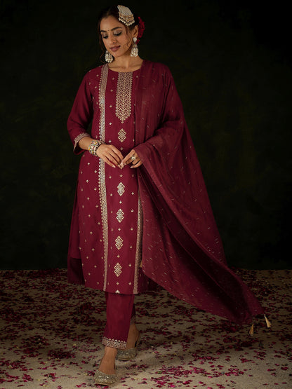 Maroon Embroidered Straight Kurta Trousers With Dupatta Set