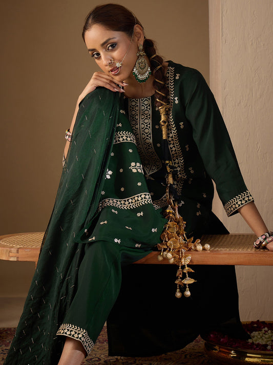 Green Embroidered Straight Kurta Trousers With Dupatta Set