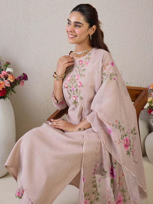 Brown Embroidered Straight Kurta Trousers With Dupatta Set