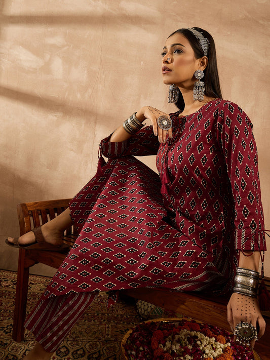 Maroon Printed Straight Kurta Palazzos Set