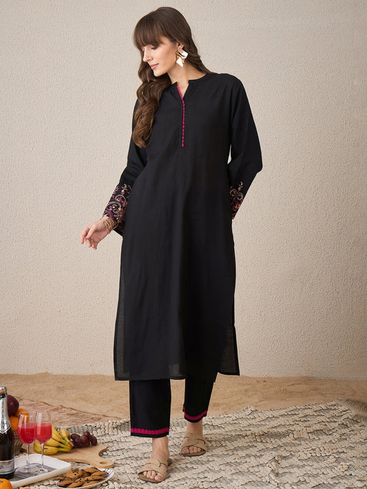Black Embroidered Straight Kurta Trousers Set