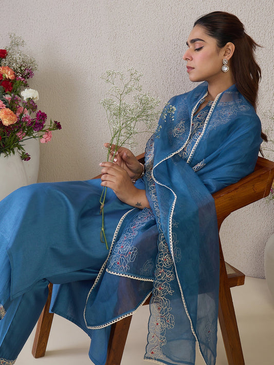 Blue Embroidered Straight Kurta Trousers With Dupatta Set