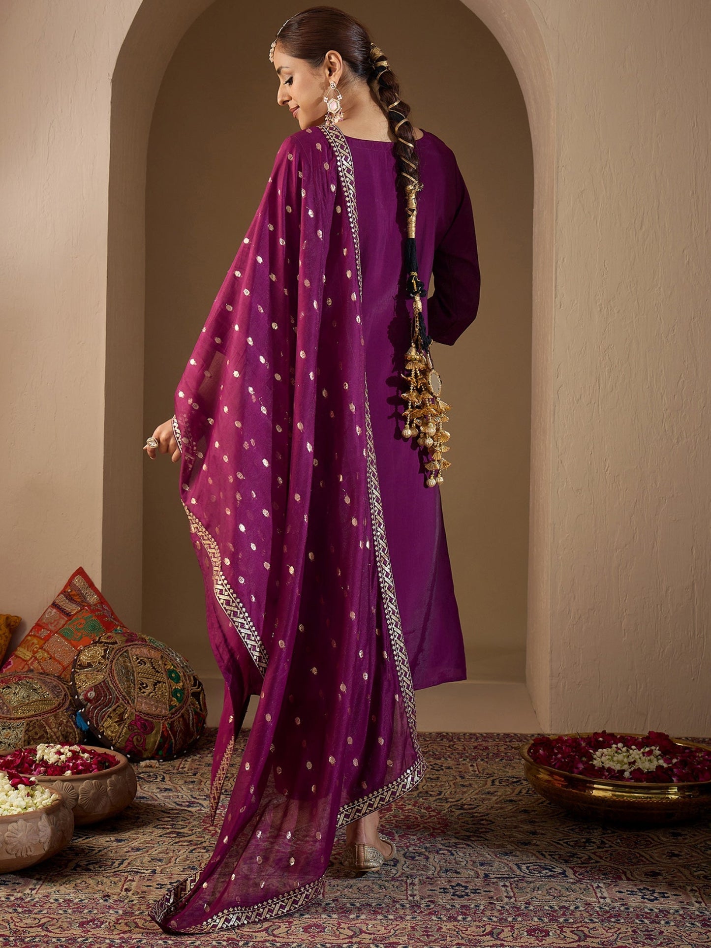 Burgundy Embroidered Straight Kurta Trousers With Dupatta Set