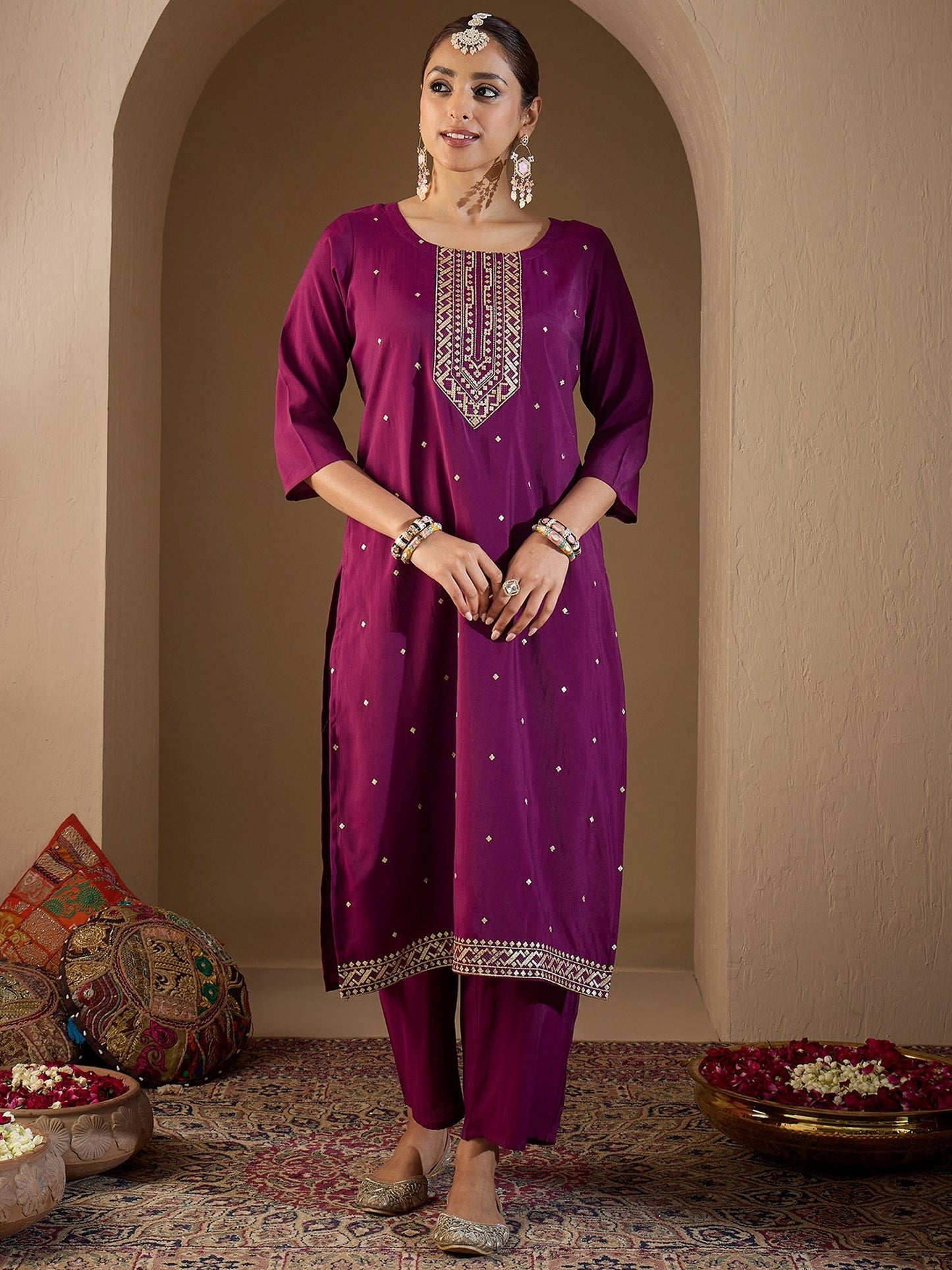 Burgundy Embroidered Straight Kurta Trousers With Dupatta Set