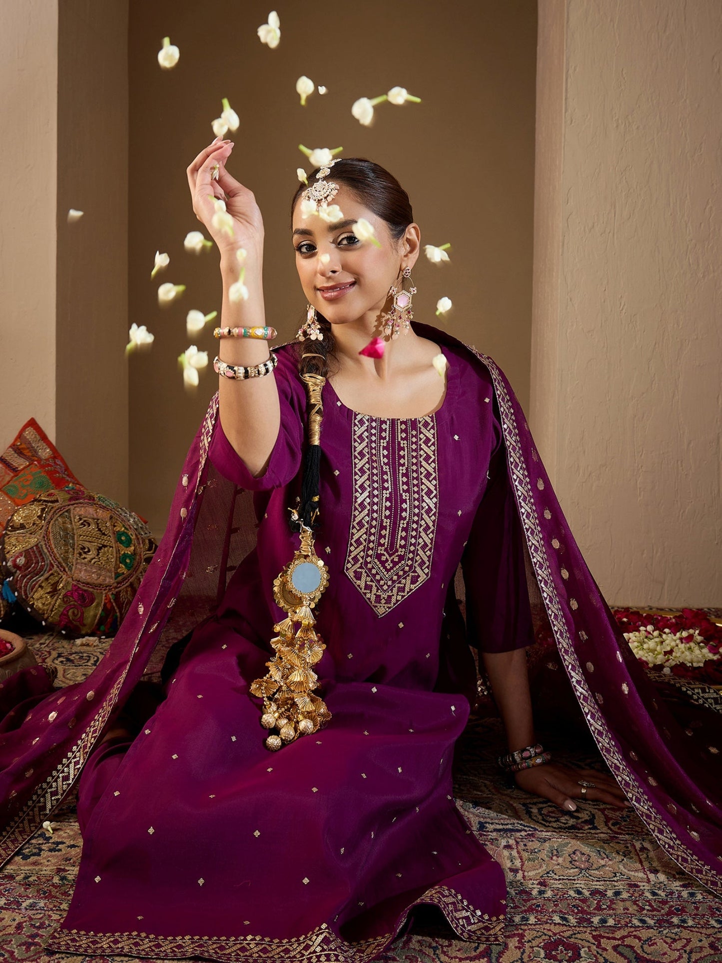 Burgundy Embroidered Straight Kurta Trousers With Dupatta Set