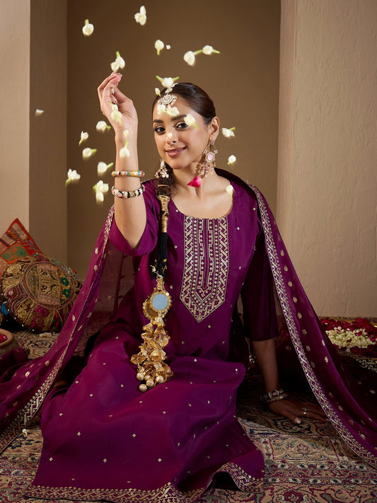 Burgundy Embroidered Straight Kurta Trousers With Dupatta Set