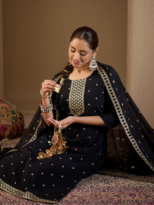 Black Embroidered Straight Kurta Trousers With Dupatta Set