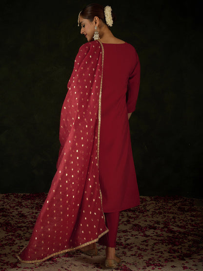 Maroon Embroidered Straight Kurta Trousers With Dupatta Set