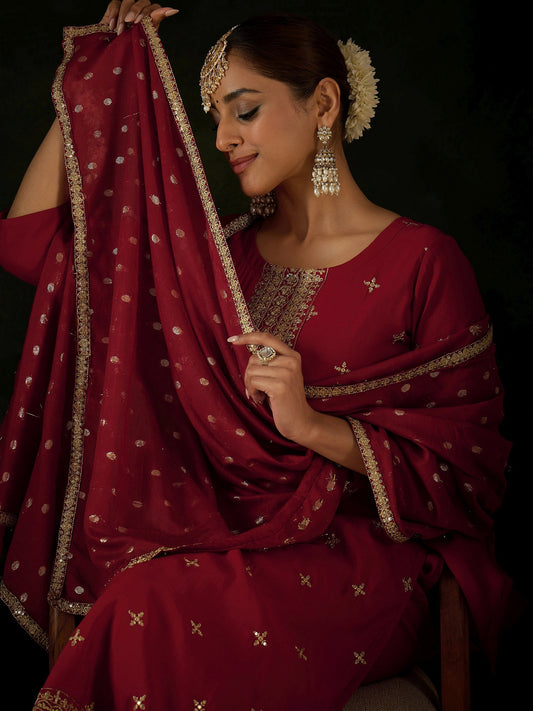 Maroon Embroidered Straight Kurta Trousers With Dupatta Set
